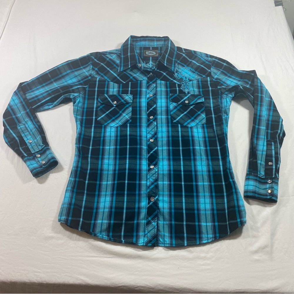 Cowgirl Pearl Snap Button Shirt Plaid long sleeve Blue white rodeo Western Shirt